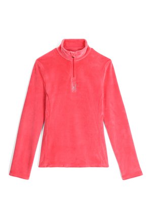 Pullover in pile corallo con colletto alto, zip a un quarto, maniche lunghe e logo argento decorativo sul petto. Texture morbida e colore uniforme.