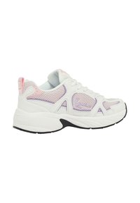 White athletic shoe with mesh panels, pink and purple accents, textured sole, rounded toe, and lacing system for secure fit.