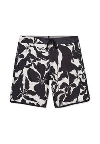Shorts de bain pour hommes à motif floral noir et blanc avec un cordon noir et un petit logo sur la jambe droite.