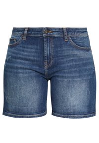 Bermudas de mezclilla azul oscuro con un diseño ajustado, que cuentan con cinco bolsillos, un cierre frontal con botón y un ligero desgastado en la tela.