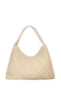 Geweven beige tas in een hobo-vorm, met één handvat en een gestructureerd patroon van in elkaar gevlochten materialen. Detail met gouden hardware.