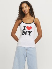Valkoinen hihaton paita mustalla reunuksella, jossa on suuri musta ja punainen "I ♥ NY" -grafiikka. Yksinkertainen muotoilu, jossa on ohuet olkaimet ja rento istuvuus.