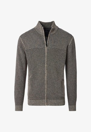 Men's zip-up sweater in brown and gray with ribbed texture at shoulders, fitted cuffs, and contrasting smooth body pattern.