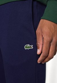 Mėlynos sportinės kelnės su lygia tekstūra, su žaliais ir raudonais siuvinėtais krokodilo logotipais ant kairiojo šlaunies. Detalus rankos artimas kadras ant medžiagos.
