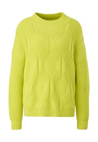 Limettengrüner Strickpullover mit einem strukturierten Zopfdesign, rundem Ausschnitt und gerippten Bündchen sowie Saum.