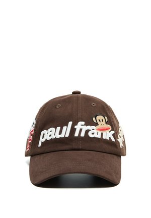Casquette de baseball marron avec texte blanc ""paul frank"" et visage de singe en dessin animé brodé sur le panneau avant.