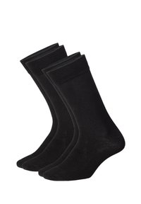 Schwarze Baumwollsocken im Dreierpack; gerippte Bündchen, glatte Textur, Knöchellänge und einfarbig ohne sichtbare Muster oder Verzierungen.