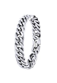 Chunky zilveren roestvrijstalen armband met in elkaar grijzende schakels en een veilige sluiting. Gladde, gepolijste structuur, ontworpen voor duurzaamheid.