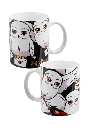 White mug featuring cartoon owls with brown eyes holding letters and a broomstick, with "Harry Potter" text on a black background.
