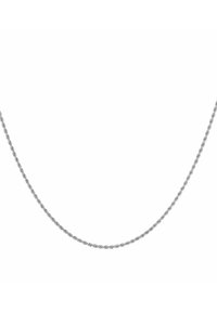 Collana in argento a catena intrecciata con un fine motivo attorcigliato su uno sfondo bianco semplice.