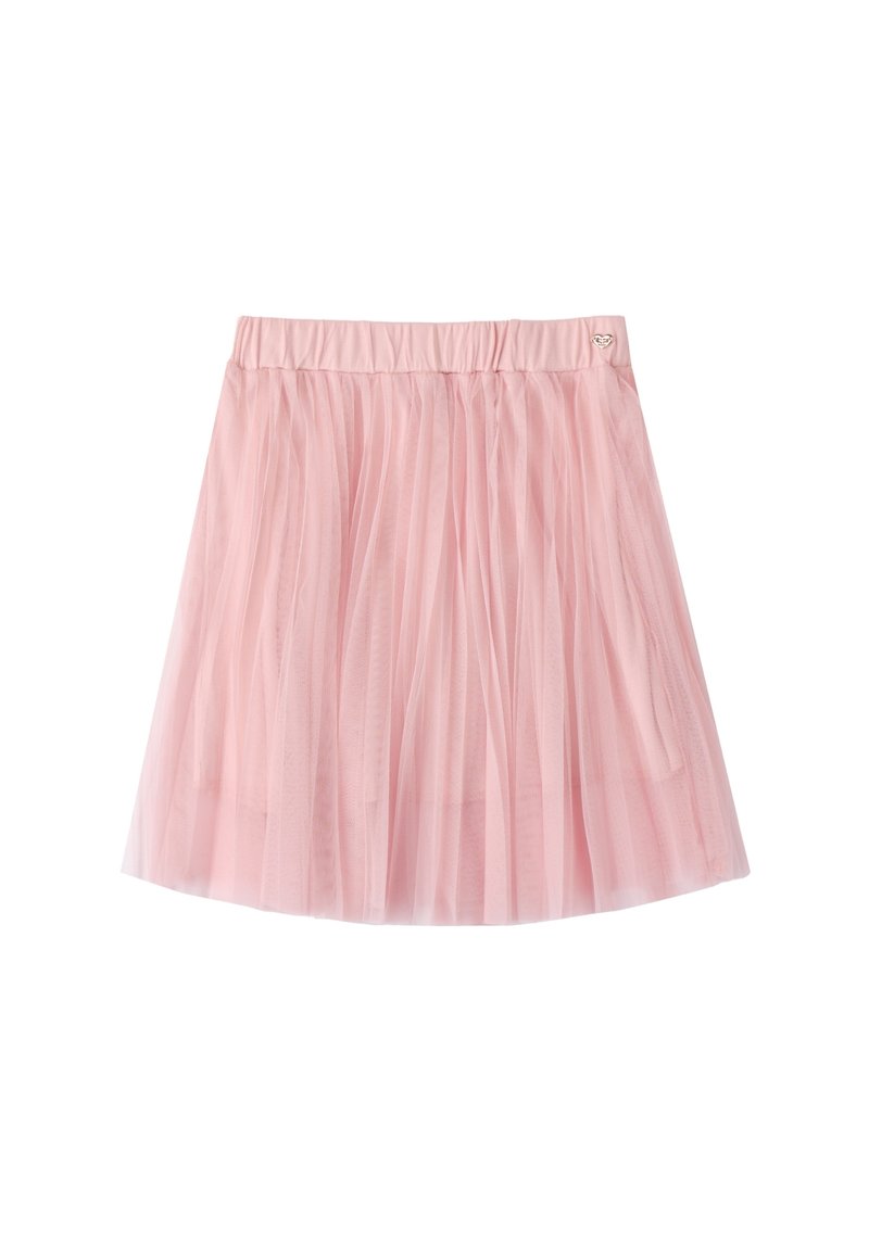 Gonna di tulle rosa con design arricciato, cintura elasticizzata e un piccolo accento a forma di cuore vicino alla vita. Tessuto leggero e trasparente.