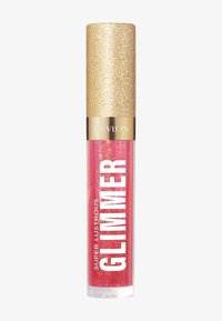 Revlon Super Lustrous Glimmer lipgloss i en klar, cylindrisk tube med en glitrende guldfarvet kappe og fed hvide bogstaver; pink glitrende formel.