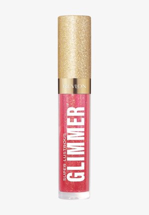 Revlon Super Lustrous Glimmer lipgloss in een heldere, cilindervormige tube met een sprankelende gouden dop en gedurfde witte letters; glinsterende roze formule.
