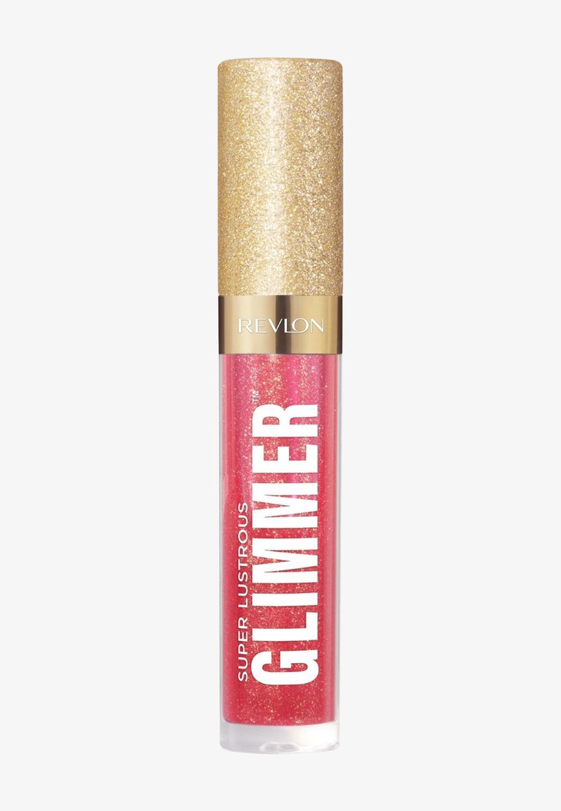 Revlon Super Lustrous Glimmer lipgloss i en klar, cylindrisk tube med en glitrende guldfarvet kappe og fed hvide bogstaver; pink glitrende formel.