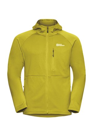 Giacca in pile gialla con zip frontale, cappuccio e logo. Presenta un tessuto testurizzato e due tasche con zip nella parte anteriore.