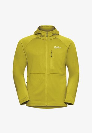 Giacca in pile gialla con zip frontale, cappuccio e logo. Presenta un tessuto testurizzato e due tasche con zip nella parte anteriore.