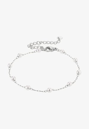 Bracciale in argento con piccole perle bianche distanziate uniformemente. Presenta una chiusura a moschettone e una catena di estensione per una lunghezza regolabile.