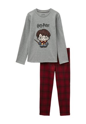 Graues Langarmshirt mit einer Cartoon-Abbildung von Harry Potter, der einen Zauberstab hält, und roter Karo-Hose, Schlafanzug-Set für Kinder.