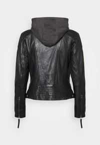 Black leather jacket with a grey hoodie attached, featuring fitted design, shoulder seams, and zipped cuffs. Smooth texture and minimal detailing.