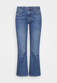 Blå denim jeans med utsvängd ben, hög midja, fem fickor och en lätt blekning, plus knapplås och dragkedja framtill.