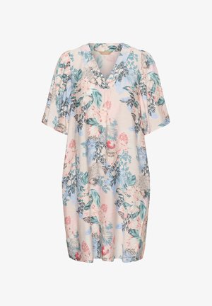 Robe ample en crêpe avec manches courtes bouffantes, encolure en V, ornée de motifs floraux et feuillages multicolores en bleu, vert, rose et noir.