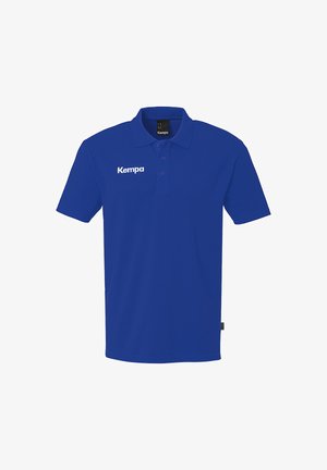 Blue polo shirt made of breathable fabric, featuring a classic collar, three buttons, and a white "Kempa" logo on the left chest area.