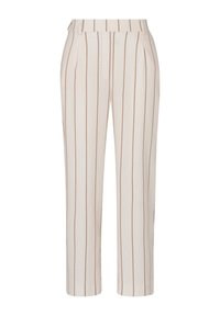 Beige Hosen mit vertikalen braunen Streifen, mit geradem Schnitt und Falten am Bund. Hergestellt aus einem glatten, leichten Stoff.