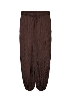 Pantalon ample marron foncé texturé avec taille élastique, cordon de serrage et poignets élastiques aux chevilles, présenté sur fond blanc.