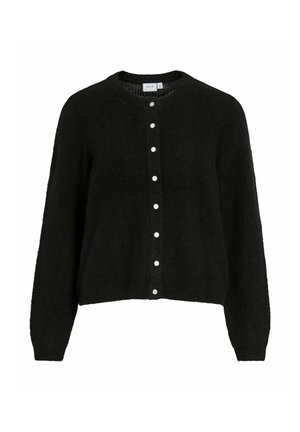 Cardigan nero lavorato a maglia con scollatura rotonda, maniche lunghe e chiusura frontale con sei bottoni bianchi. Tessuto morbido e testurizzato.
