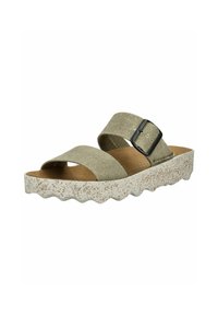 Sandali slip-on verde chiaro con ampi cinturini in tessuto e una fibbia in metallo nero. Sottopiede texturizzato simile sughero su una suola ondulata e maculata.