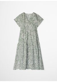 Robe midi verte manches courtes avec motif floral blanc, col en V et détail froncé à la taille sur fond uni.