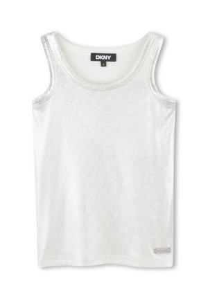 Witte DKNY tanktop met ribbeltextuur, wijde armsgaten, iets gescooped decolleté en een klein logo-label aan de zoom.