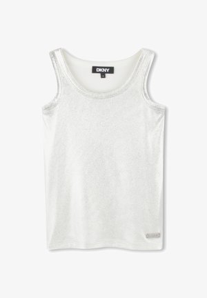 Débardeur blanc DKNY avec une texture côtelée, de larges emmanchures, un décolleté légèrement arrondi et une petite étiquette logo à l'ourlet.
