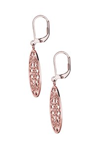Orecchini in oro rosa con un intricato design ovale in pizzo e una chiusura a leva sicura. Presentano delicati motivi intagliati in tutto l'orecchino.