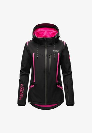 Schwarze Softshelljacke mit leuchtend rotem Innenfutter, pinken Streifen, mit Reißverschlüssen versehenen Taschen, Kapuze und "MARIKOO MOUNTAIN"-Aufschrift am linken Ärmel.