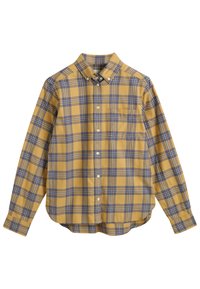 Chemise à manches longues avec boutons, motif à carreaux bleu et jaune, une poche devant et un col boutonné.