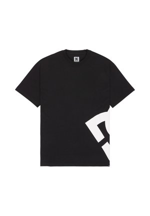 T-shirt en coton noir à manches courtes et col rond. Présente un grand logo graphique blanc sur le côté inférieur droit.