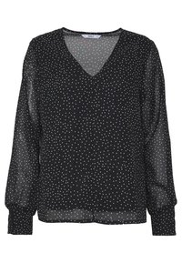 Blusa nera trasparente con maniche lunghe e scollatura a V, con un motivo a pois bianchi. Polsini con bottoni e texture morbida.