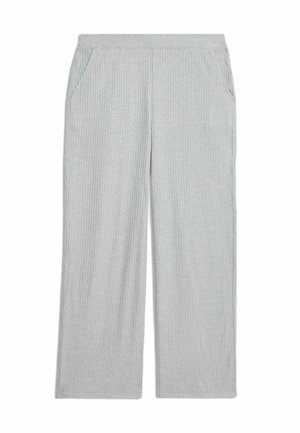 Lichtgrijze wijde broek gemaakt van geribde katoenstof. Beschikt over een elastische tailleband en twee zijzakken voor extra gemak.