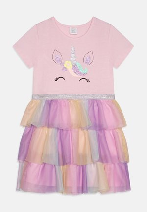 Pink t-shirt dress with a unicorn graphic and glittery accents. Features a tiered, pastel-colored tulle skirt in purple, pink, and yellow.