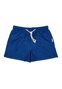 Costumi da bagno blu con vita elasticizzata, cordoncino bianco regolabile e senza motivi o accessori visibili. Tessuto morbido e leggero.