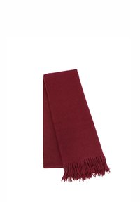 Sciarpa bordeaux realizzata in morbido tessuto con le estremità frangiate. Design semplice e rettangolare, senza motivi o decorazioni.