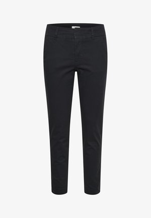 Black, slim-fit trousers made of cotton fabric. Features a standard waistband, two front pockets, and a smooth texture. Minimalist design.