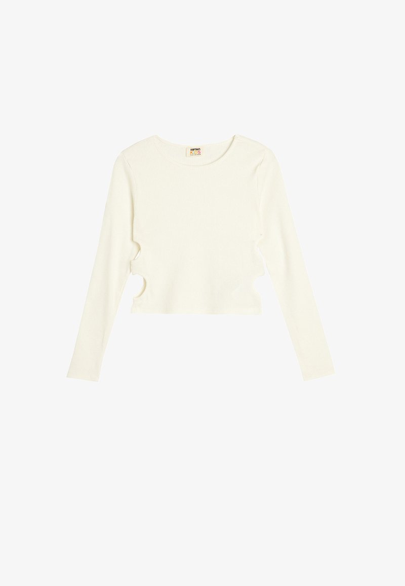 Vit långärmad croppad topp i ribbat tyg med sidoutsides detaljer och rund halsringning. Ingen synlig hårdvara eller mönster.