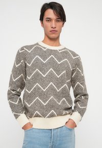 Džemper s chevron uzorkom u bež i tamnosivoj boji, sa okruglim izrezom i rebrastim manžetama i donjim rubom. Napravljen od mekog, teksturiranog materijala.