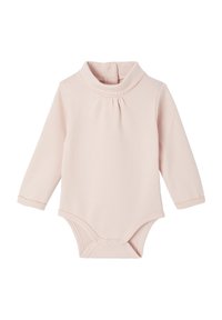 Long-sleeve bodysuit in soft pink fabric, featuring a high collar with decorative stitching, pleated front, and snap closure at the bottom.