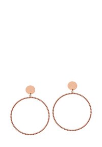 Roségoldene Creolen mit einem gedrehten Design und einem kreisförmigen, flachen Stecker oben. Glatte Oberfläche, leicht und einfach strukturiert.