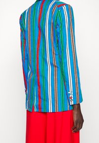 Kleurrijk gestreept colbert in blauw, groen, rood, bruin en wit. Heeft lange mouwen en decoratieve knopen bij de manchetten. Op maat gemaakt ontwerp.