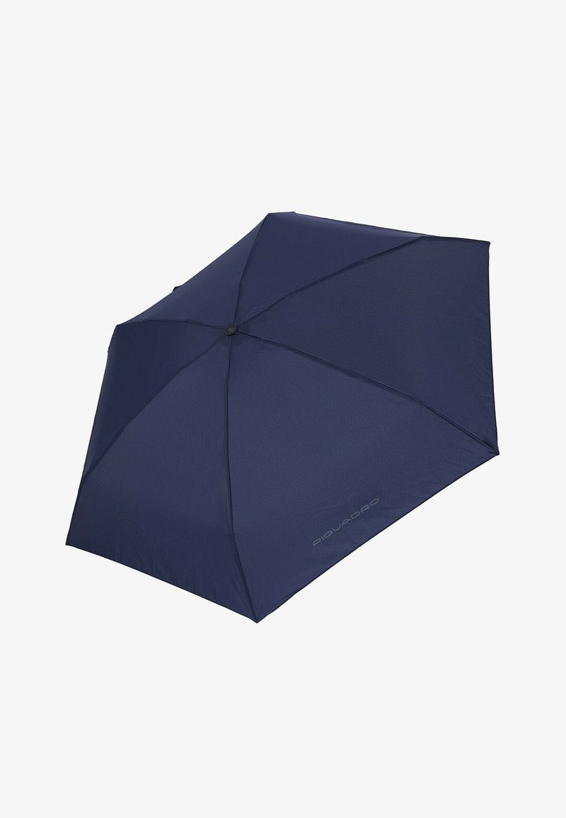 Marineblauwe paraplu met een glad, soepel stoffen oppervlak, een ronde bovenkant en een zwarte knop om te openen. Heeft subtiele branding langs de rand.