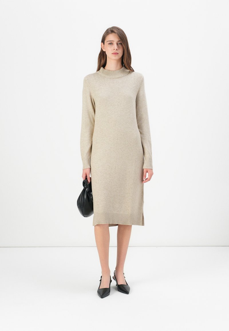 beige midi jumper dress CurveWow Midi Jumper Dress With Tie Waist Beige – Curvewow main image 1